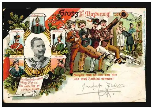 Humor-AK Gruss von der Musterung, CREFELD 1.3.1906 nach VORST 2.3.06