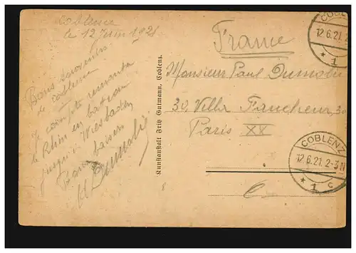 Bateaux AK Photo: K. Auguste Victoria, Honneurbreitstein, COBLENZ 12.6.21