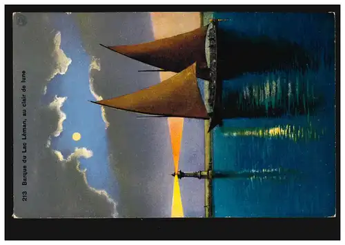 AK bateaux artistes: Lac Léman avec deux masters et phares au clair de lune