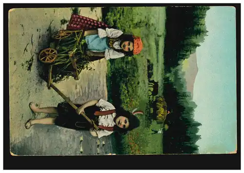 AK Agriculture: Les enfants jouent avec des chars en bois moissonneuse de foin, MUNICH 27.6.1913