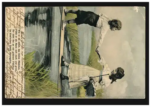 Enfants-AK Fille et garçon sur la passerelle mince, CANNSTATT 20.5.1904