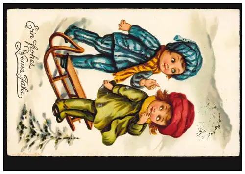Enfants-AK Garçon et fille avec traîneaux salutations du Nouvel An, HAGEN-HALDEN 31.12.1929