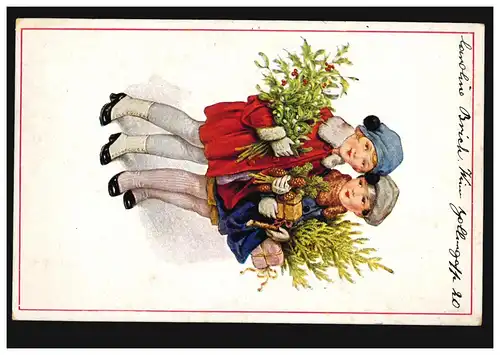 Kinder-AK Zwei Mädchen mit Weihnachtszubehör, WIEN 1925 nach Graz