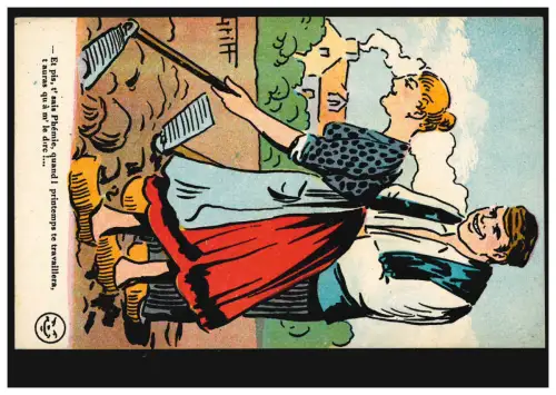 Humor-AK Griff: Bauernpaar auf dem Feld Frühlingszeit-Wachstumszeit, ungebraucht