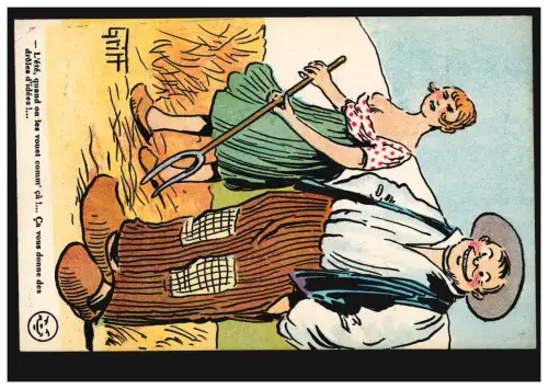 Humor-AK Griff: Bauernpaar auf dem Feld: Sommerzeit-Erntezeit, ungebraucht