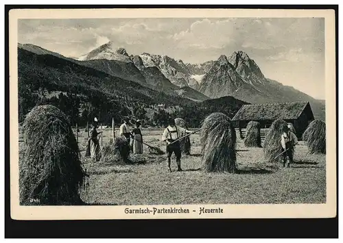 Foto-AK Garmisch-Partenkirchen: Heuernte, ungebraucht, um 1930