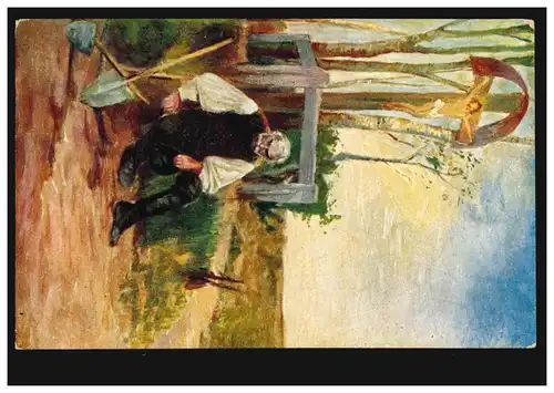 Künstler-AK Burger: Vergänglichkeit - Bauer vor Christus-Kreuz, ungebraucht