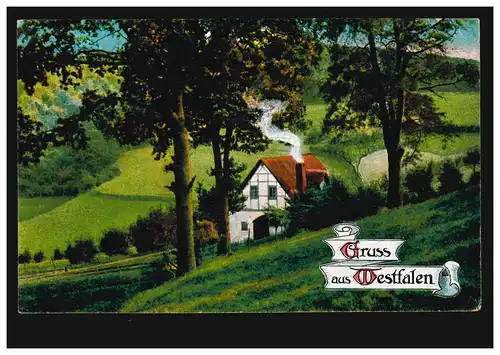AK Gruss aus Westfalen: Landschaftsbild mit Bauernhaus, ungebraucht
