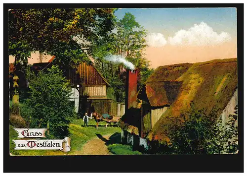 AK Gruss aus Westfalen: Dorfidylle mit Pferdegespann, ungebraucht