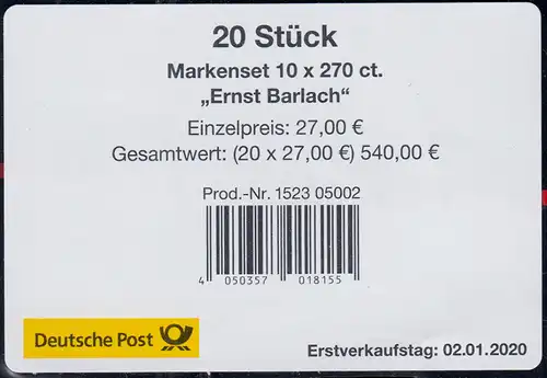 117 MH Ernst Barlach, selbstklebend, Banderole für 10 Markensets