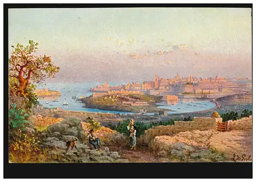 AK Artiste L.M. Galea: Malte - Panorama de Quarantine Harbour, inutilisé