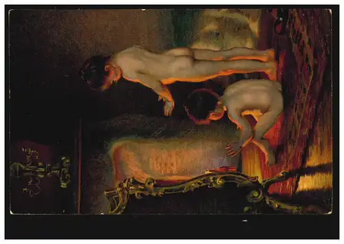 Künstler-AK Paul Peel: Nach dem Bade - Zwei Kinder vor Kaminofen, ungebraucht