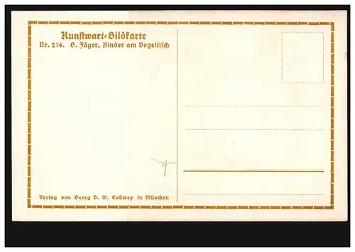 AK chasseur d'artistes: enfants à la table des oiseaux, carte d 'art de gardien 214, inutilisé