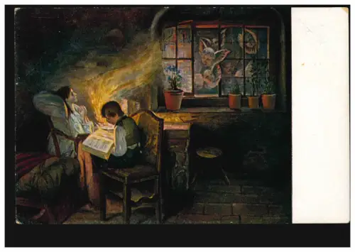 Künstler-AK Hermann Kaulbach: Genesung - Lesender Junge vor dem Krankenbett 