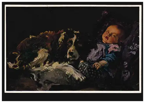 Künstler-AK Casper Ritter: Treue bewacht - Hund und schlafendes Kind,ungebraucht