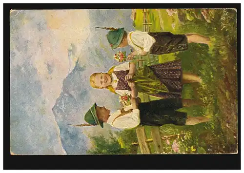 Künstler-AK Karl Berger: Liebesgrüsse auf der Alm - Zwei Jungen und ein Mädchen