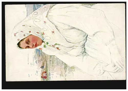 Künstler-AK A. Boutschkouri: In vollster Kraft - Frau in Weiß, ungebraucht