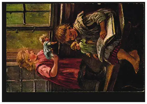 Künstler-AK Mädchen beim Puppenspielen und Vorlesen, BERLIN W 30c 14.10.1914