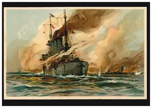 AK navires d'artiste: Willy Stœwer - croiseur allemand tire sur la côte russe