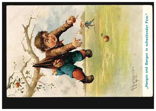 Künstler-AK Max Kuglmayr: Hangen und Bangen in schwebender Pein - Der Apfeldieb
