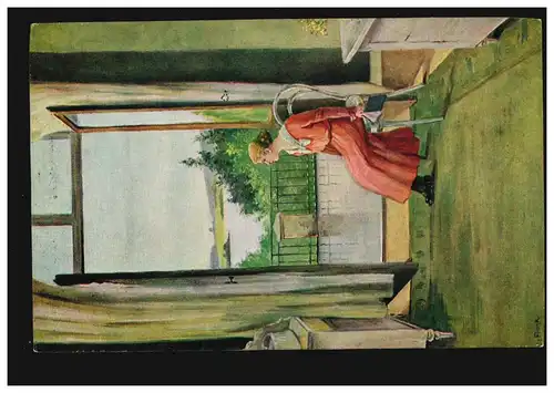 Künstler-AK E. Frank: Trübes Wetter - Frau sitzend an der Tür, ungebraucht 