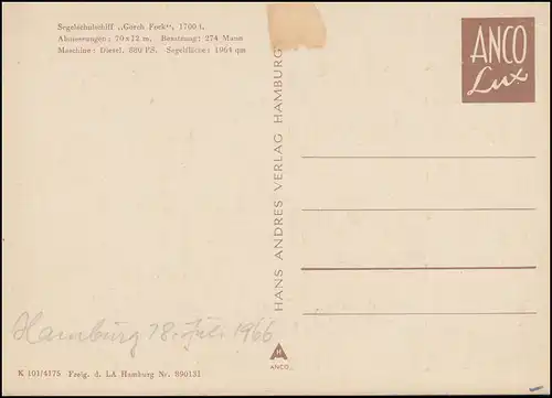 Foto-AK Schiffe: Segelschulschiff GORCH FOCK 1966, Verlag Anders, ungebraucht