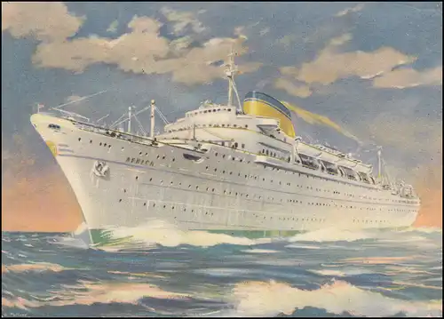 Künstler-AK Schiffe: M/V AFRICA / Dampfer "Afrika", CAPE-TOWN 4.9.1955