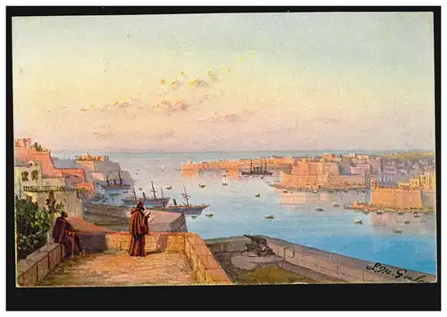 Künstler-AK L.M. Galea: Malta - Panorama von Grand Harbour, ungebraucht