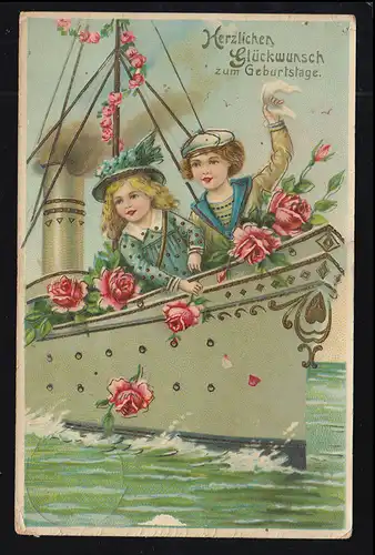 Künstler-AK Schiffe: Kinder auf einem Dampfer mit Rosen, HALLE/SAALE 15.7.1910