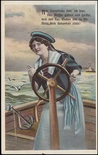 Künstler-AK Schiffe: Frau am Steuerrad mit Gedicht, Ortspostkarte KIEL 1.9.1910