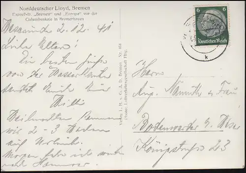 Bateaux AK Photo: Columbuskaie à Bremerhaven avec vapeur BREMEN et EUROPE, 1941