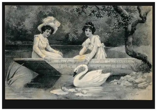 Animaux-A oiseaux: Deux femmes en bateau avec cygne, PIRMASENS 12.10.204 après MAINZ