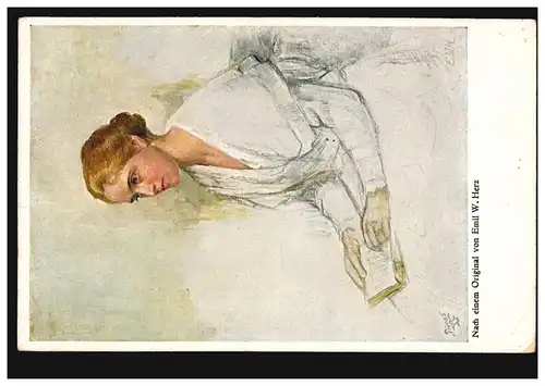 AK Artiste Emil W. Herz: femme en robe blanche, carte Primus, marquée