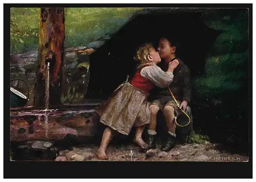 Künstler-AK F. Heinrich: Der erste Kuss, gelaufen um 1920