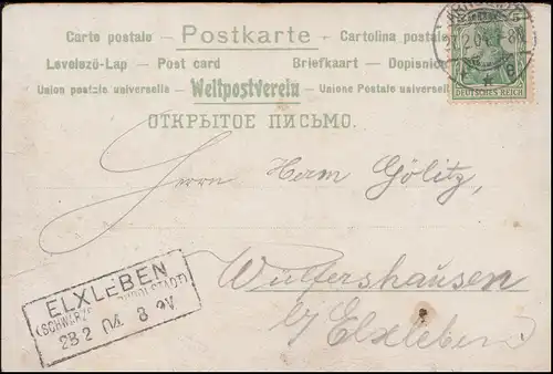 Carte de félicitations avec AK-O R3 ELXLEben (CHwarzenbuRG-RUDOLSTADT) 28.2.1904