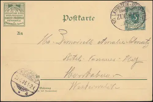 Bahnpost ND.LAHNSTEIN - SIERSHAHN 23.12.1898 nach MONTABAUR 23.12.98 auf AK