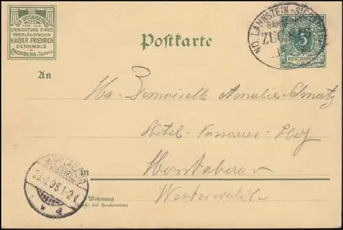 Bahnpost ND.LAHNSTEIN - SIERSHAHN 23.12.1898 nach MONTABAUR 23.12.98 auf AK