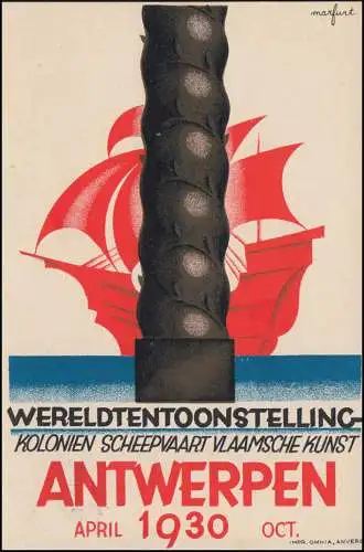 Postkarte Weltausstellung Kolonien Schifffahrt Flämische Kunst ANTWERPEN 1930