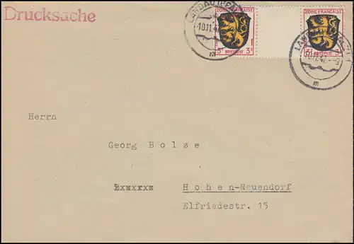 Franz. Zone Général 2 Armoiries 3 Pf. Paire intermédiaire d'impression LANDAU 10.11.47