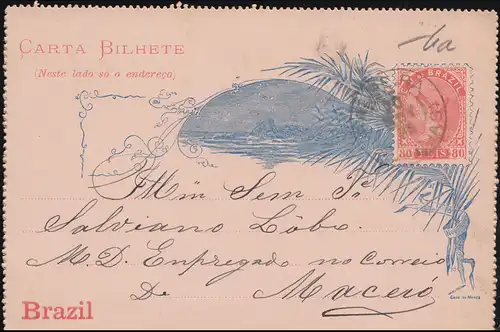 Brésil Lettre de carte bleue 15.11.1893 Rouge Casa de Moeda, de PALMEIRA 20.11.