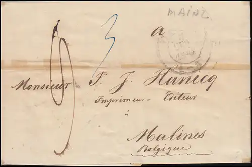 Preußen Vorphilatelie Faltbrief MAINZ 3.10.1849 nach MALINES 5.10.49 Transit-O