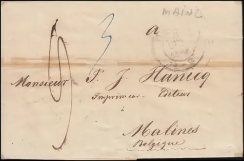 Preußen Vorphilatelie Faltbrief MAINZ 3.10.1849 nach MALINES 5.10.49 Transit-O
