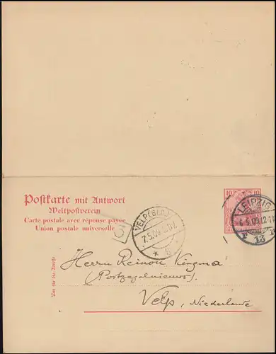 Postkarte P 68Y Germania 10710 P. ohne Wz. LEIPZIG 13r 6.5.1909 nach VELP 7.5.09