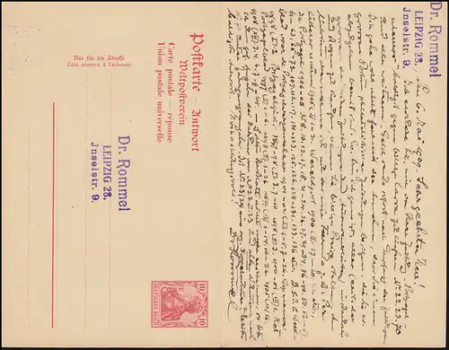 Postkarte P 68Y Germania 10710 P. ohne Wz. LEIPZIG 13r 6.5.1909 nach VELP 7.5.09