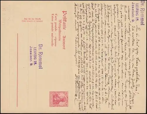 Postkarte P 68Y Germania 10710 P. ohne Wz. LEIPZIG 13r 6.5.1909 nach VELP 7.5.09