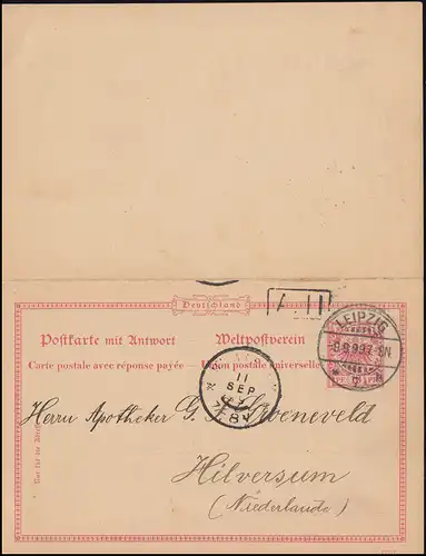 Postkarte P 27/02 Adler 10/10 Pf. aus LEIPZIG 9.9.1899 nach HILVERSUM 11.9.99