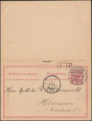 Postkarte P 27/02 Adler 10/10 Pf. aus LEIPZIG 9.9.1899 nach HILVERSUM 11.9.99