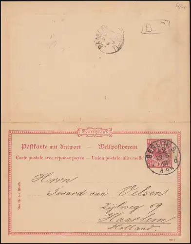Carte postale P 27/01 Adler 10/10 Pf. de BERLIN S 42 - 29.3.1891 vers HAARLEM 30.3.