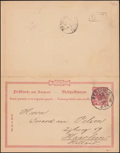 Postkarte P 27/01 Adler 10/10 Pf. aus BERLIN S 42 - 29.3.1891 nach HAARLEM 30.3.