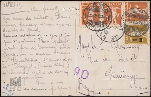 Suisse: Berne - Tour de cloches, facture Tellknaben BERN 25.4.19 vers Belgique